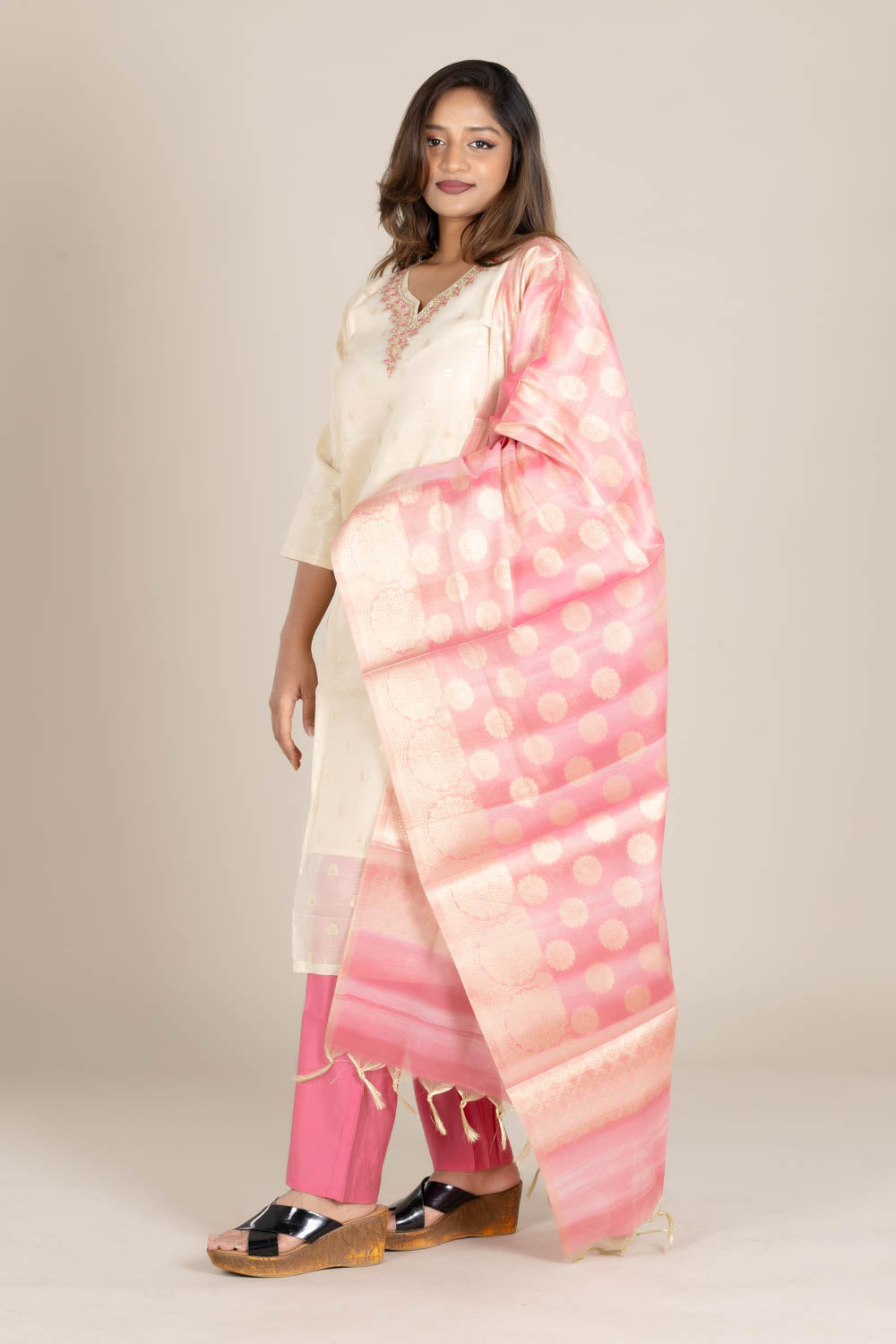 Off-White Straight Suit with Pink Dupatta