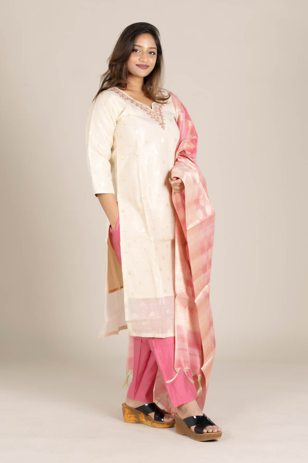 Off-White Straight Suit with Pink Dupatta