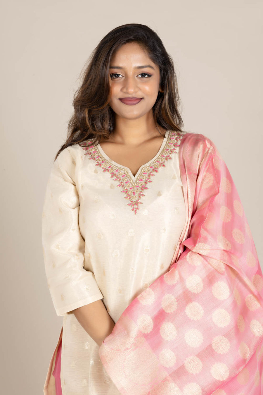 Off-White Straight Suit with Pink Dupatta