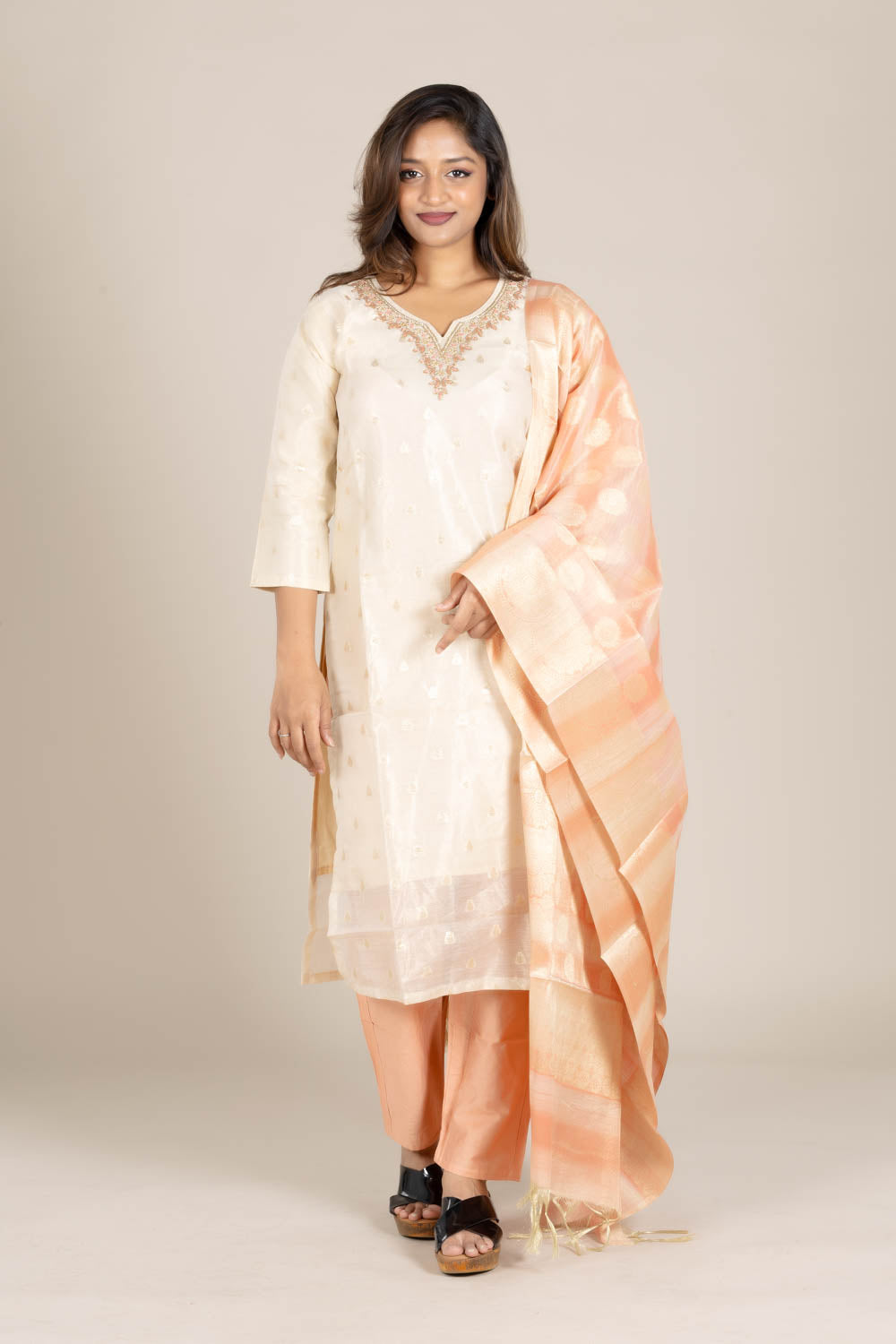 Off-White Straight Suit with Orange Dupatta