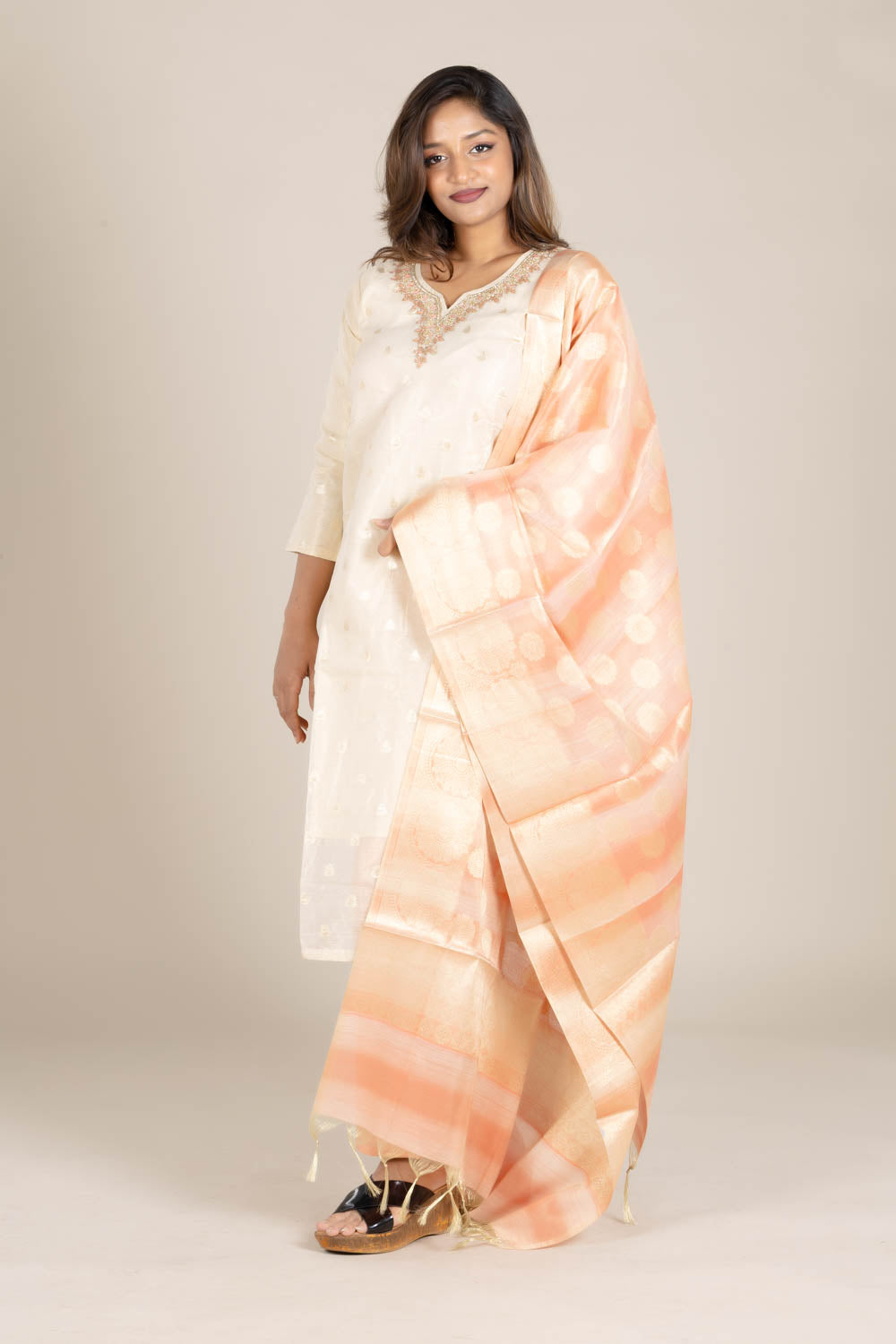 Off-White Straight Suit with Orange Dupatta