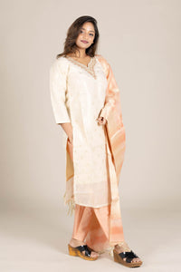 Off-White Straight Suit with Orange Dupatta