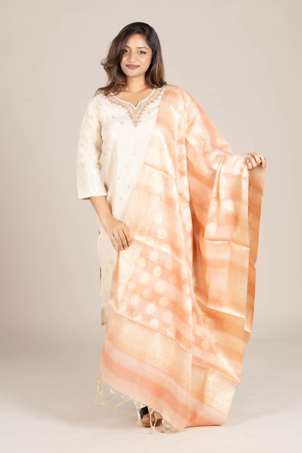 Off-White Straight Suit with Orange Dupatta