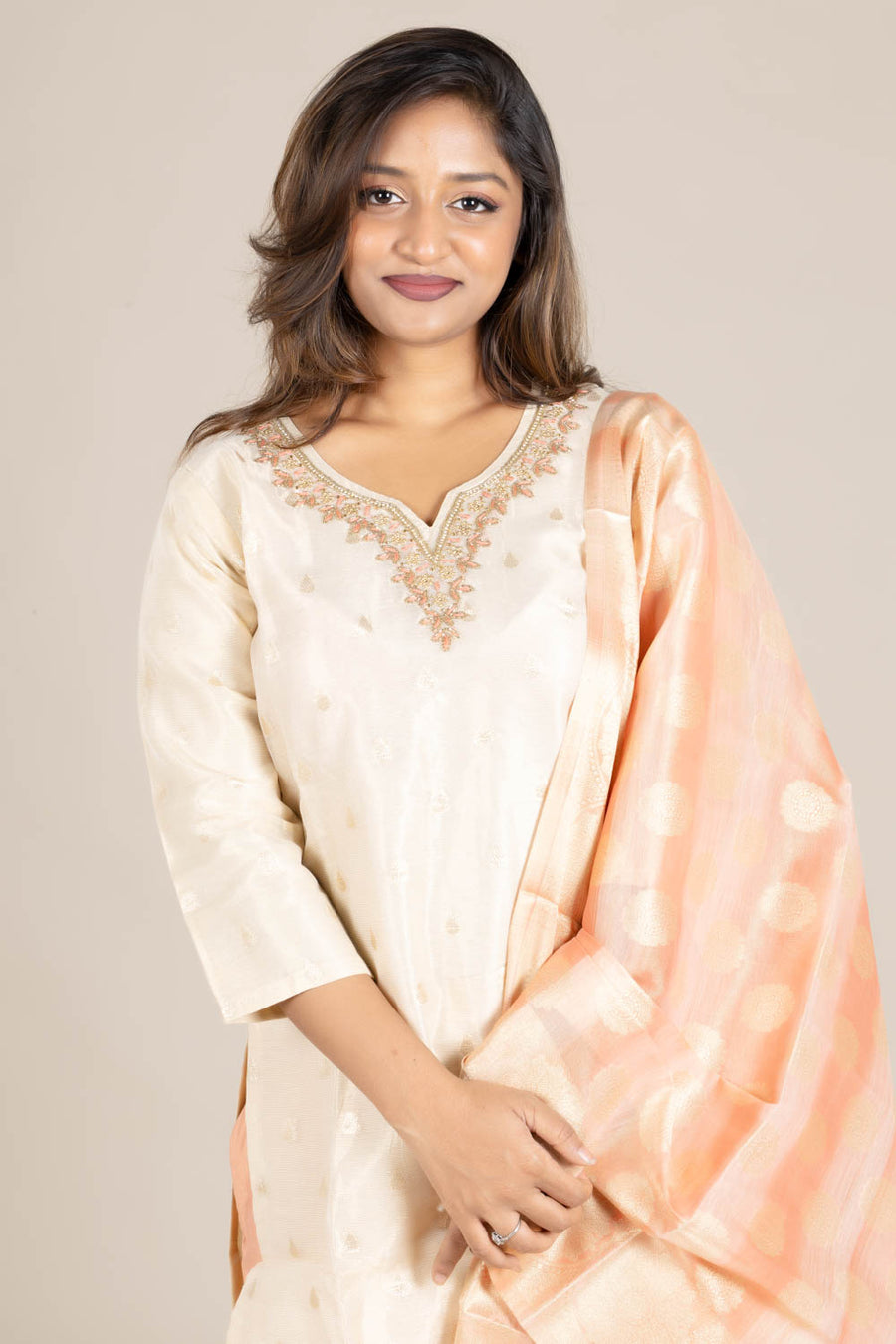 Off-White Straight Suit with Orange Dupatta