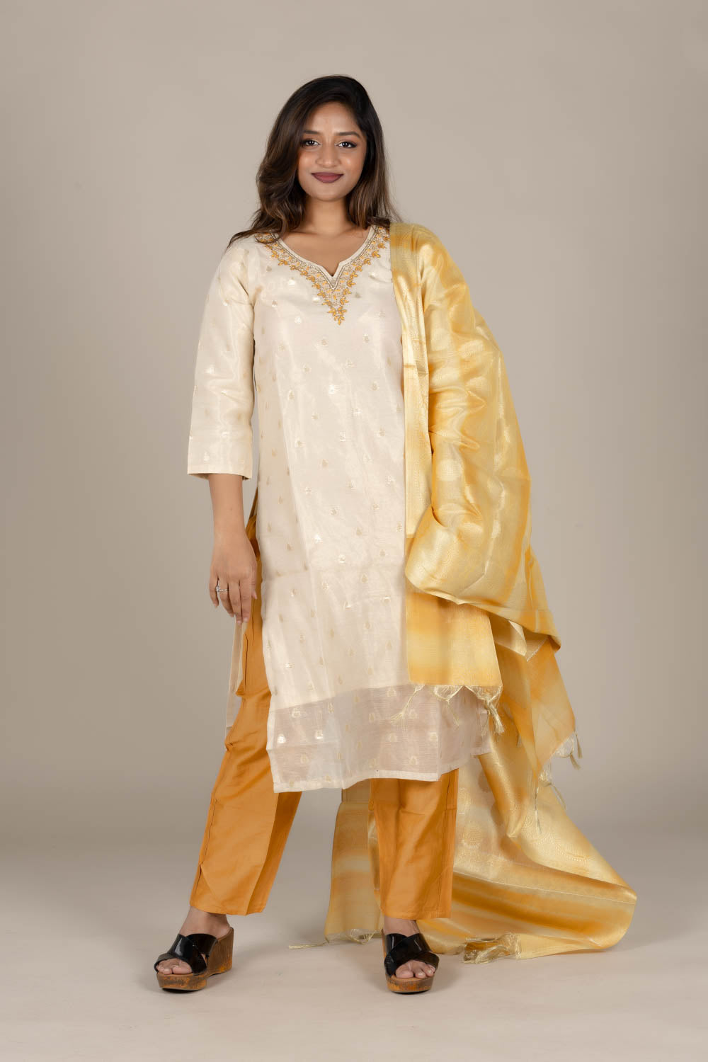 Off-White Silk Suit with Colored Organza Dupatta