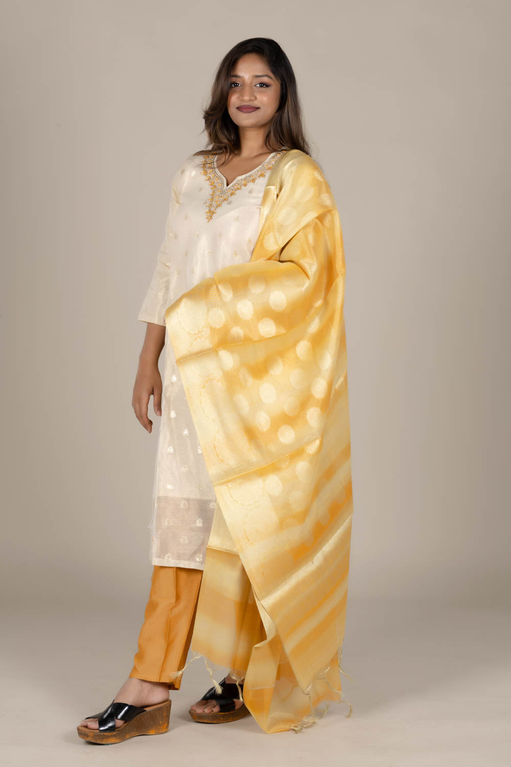 Off-White Silk Suit with Colored Organza Dupatta