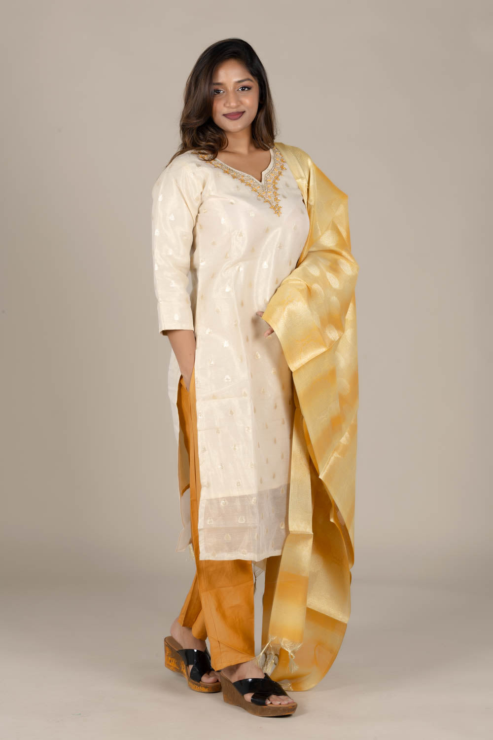 Off-White Silk Suit with Colored Organza Dupatta