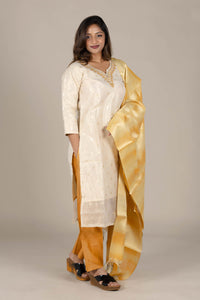 Off-White Silk Suit with Colored Organza Dupatta