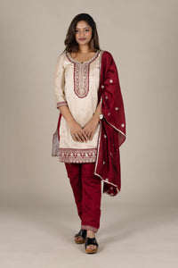 Off-White Designer Straight Suit with Maroon Dupatta