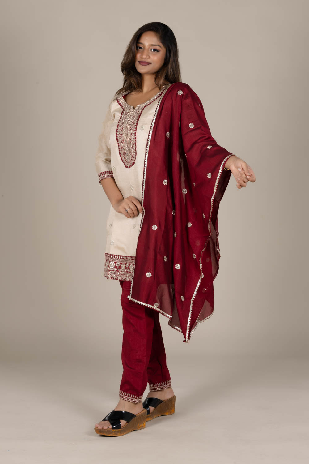 Off-White Designer Straight Suit with Maroon Dupatta
