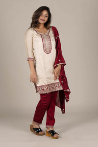 Off-White Designer Straight Suit with Maroon Dupatta