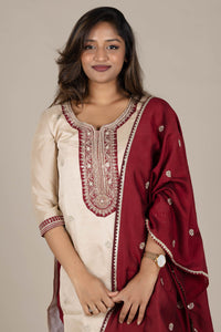 Off-White Designer Straight Suit with Maroon Dupatta