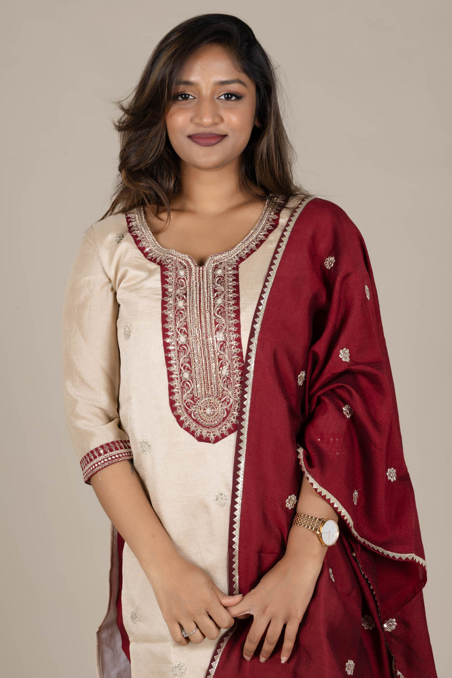 Off-White Designer Straight Suit with Maroon Dupatta