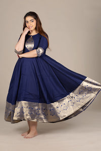 Flared Navy Kurti with Banarasi Border