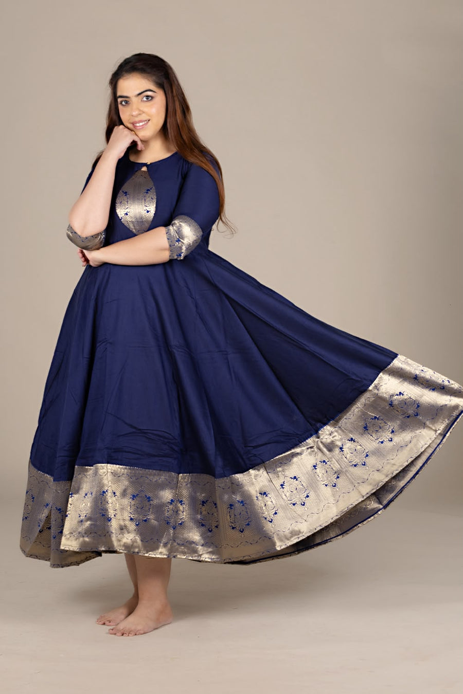 Flared Navy Kurti with Banarasi Border