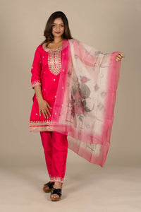 Colored Designer Silk Suit with Printed Off-White Dupatta