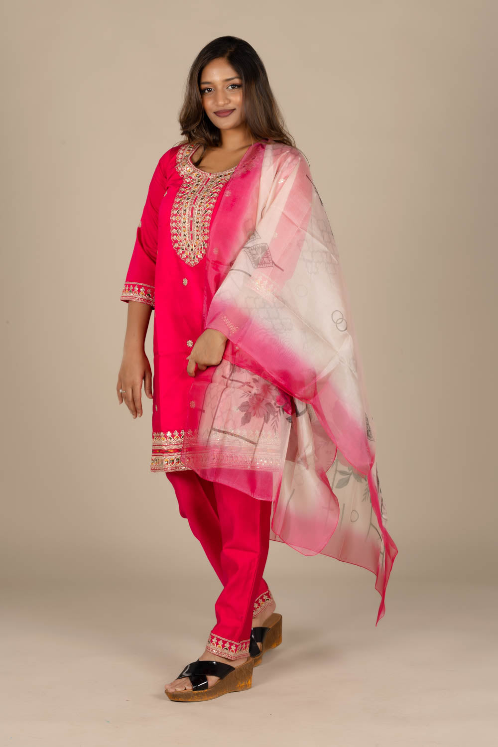Colored Designer Silk Suit with Printed Off-White Dupatta