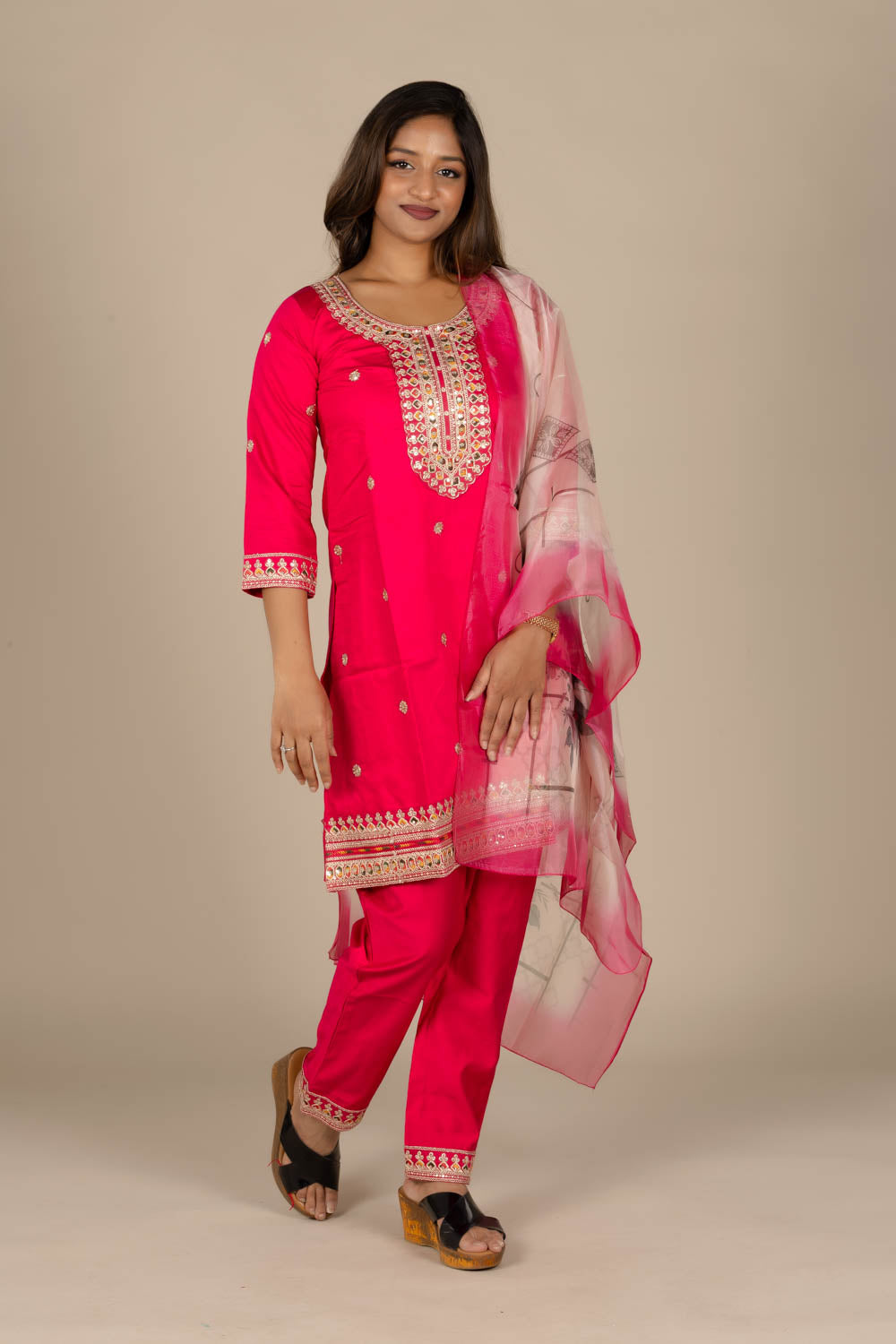 Colored Designer Silk Suit with Printed Off-White Dupatta