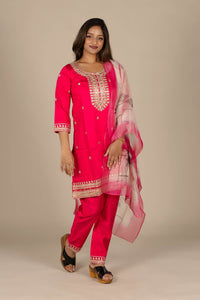 Colored Designer Silk Suit with Printed Off-White Dupatta