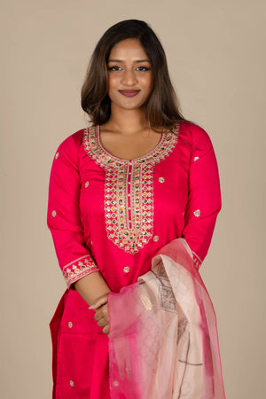 Colored Designer Silk Suit with Printed Off-White Dupatta
