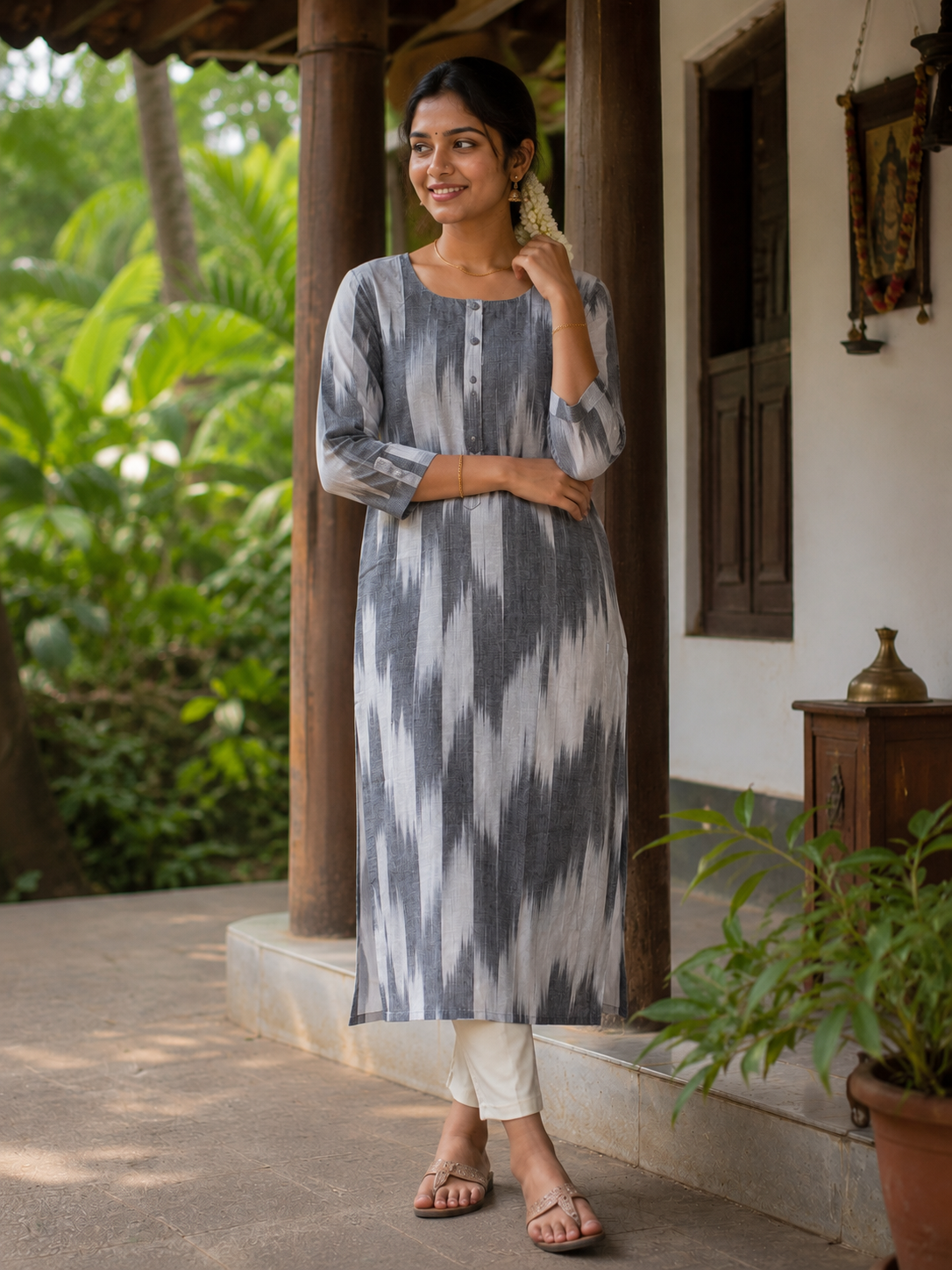Grey Ikat Straight Kurti