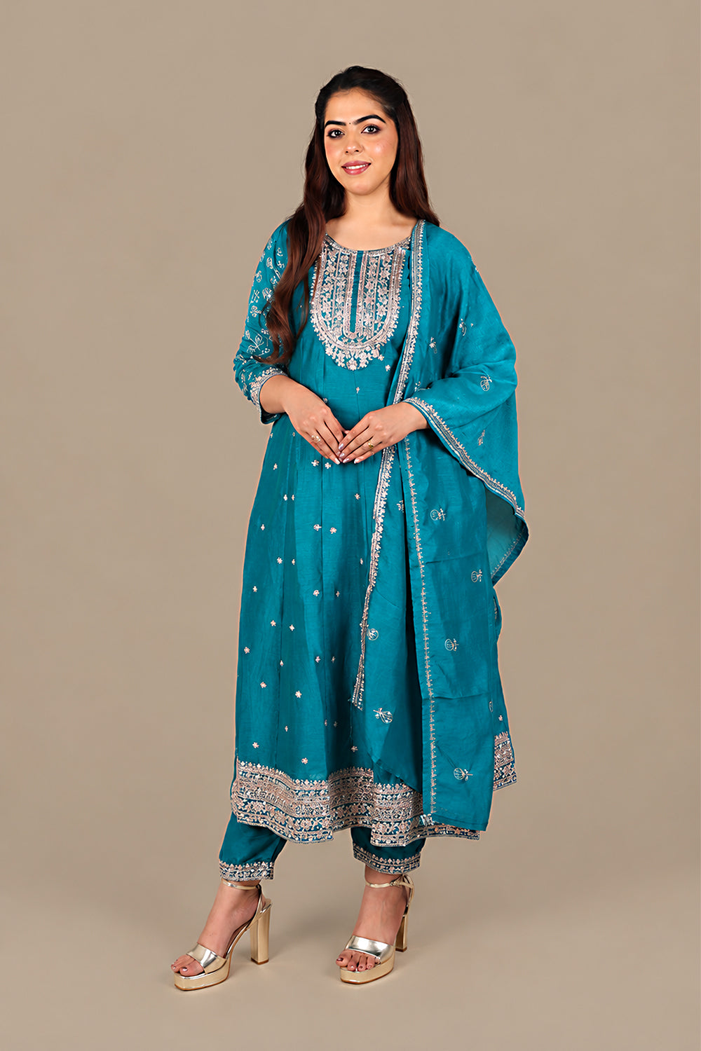 Peacock Blue Flared Silk Salwar Suit
