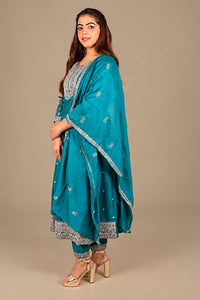 Peacock Blue Flared Silk Salwar Suit