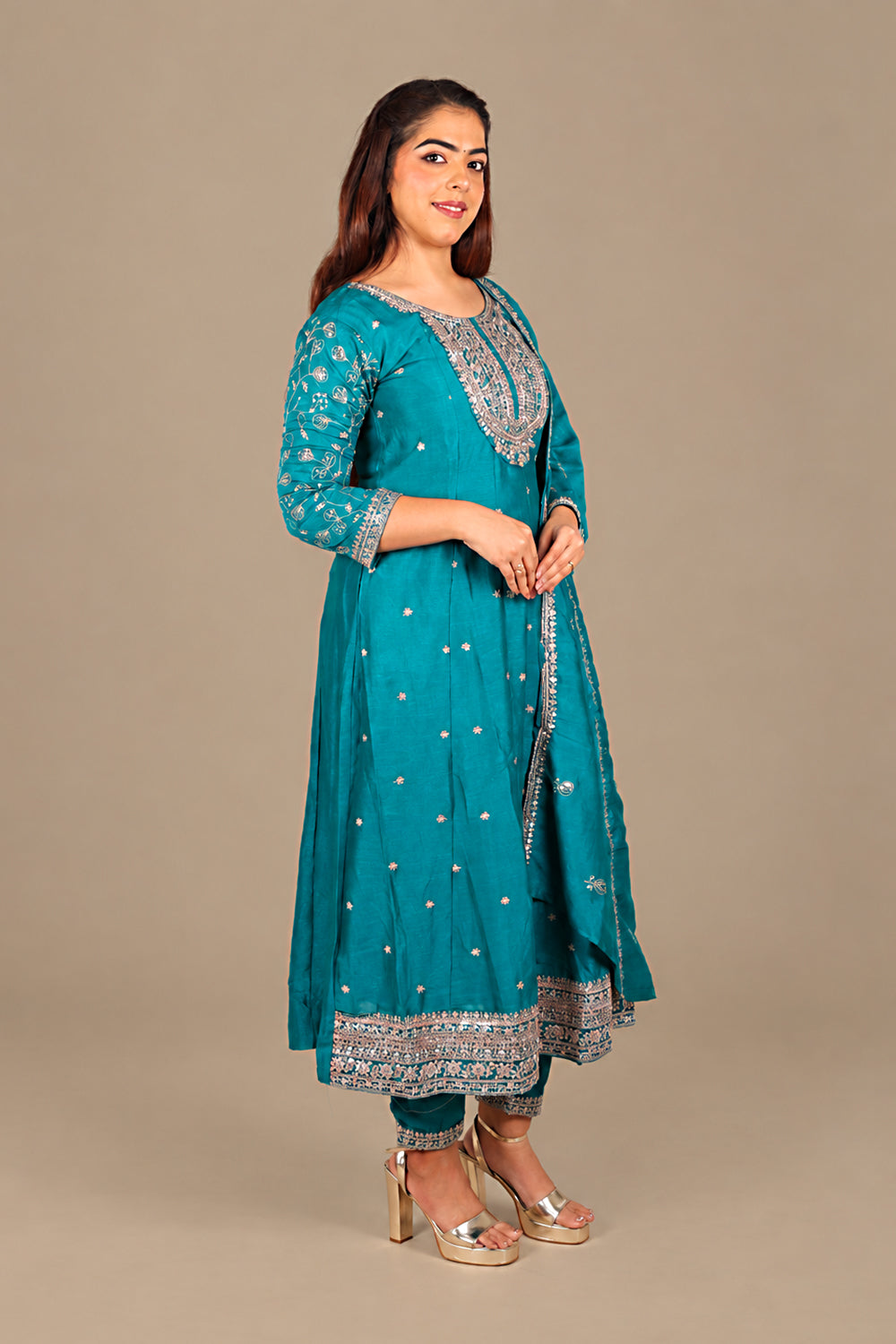 Peacock Blue Flared Silk Salwar Suit