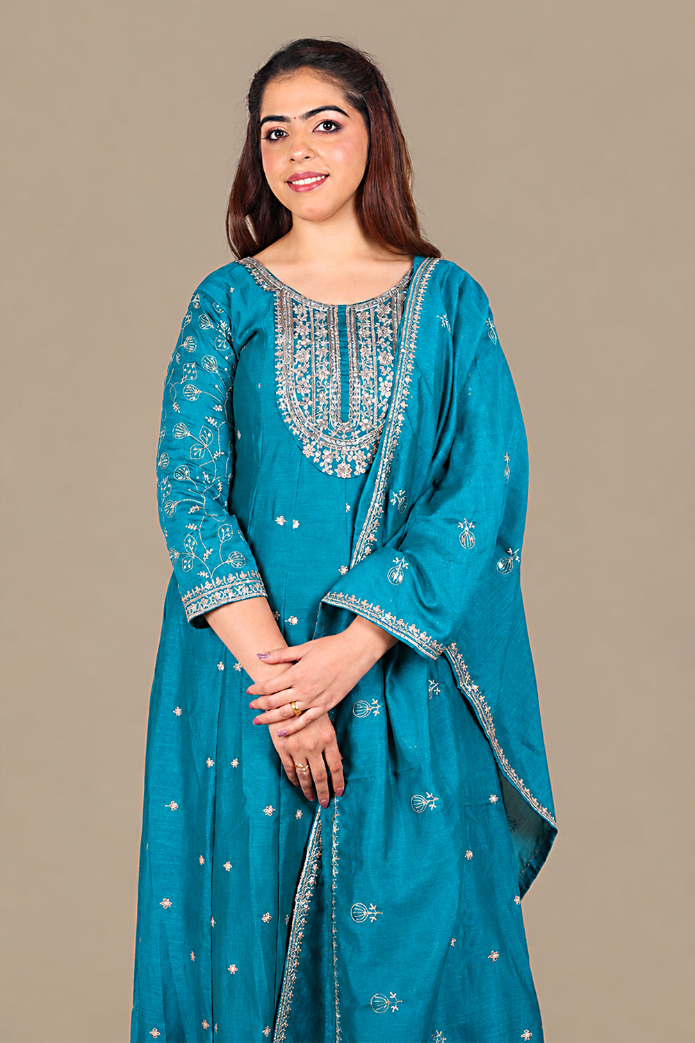 Peacock Blue Flared Silk Salwar Suit