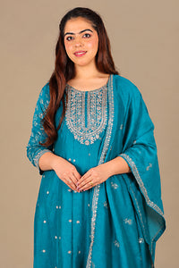 Peacock Blue Flared Silk Salwar Suit