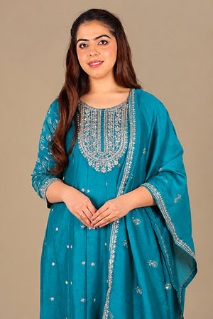 Peacock Blue Flared Silk Salwar Suit