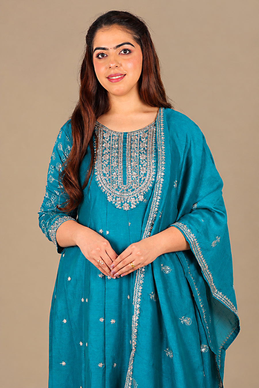 Peacock Blue Flared Silk Salwar Suit