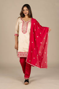 Off-White Designer Straight Suit with Red Dupatta