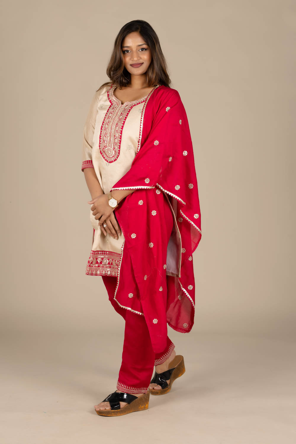 Off-White Designer Straight Suit with Red Dupatta