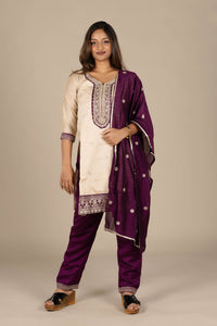 Off-White Designer Silk Suit with Magenta Dupatta and Pant