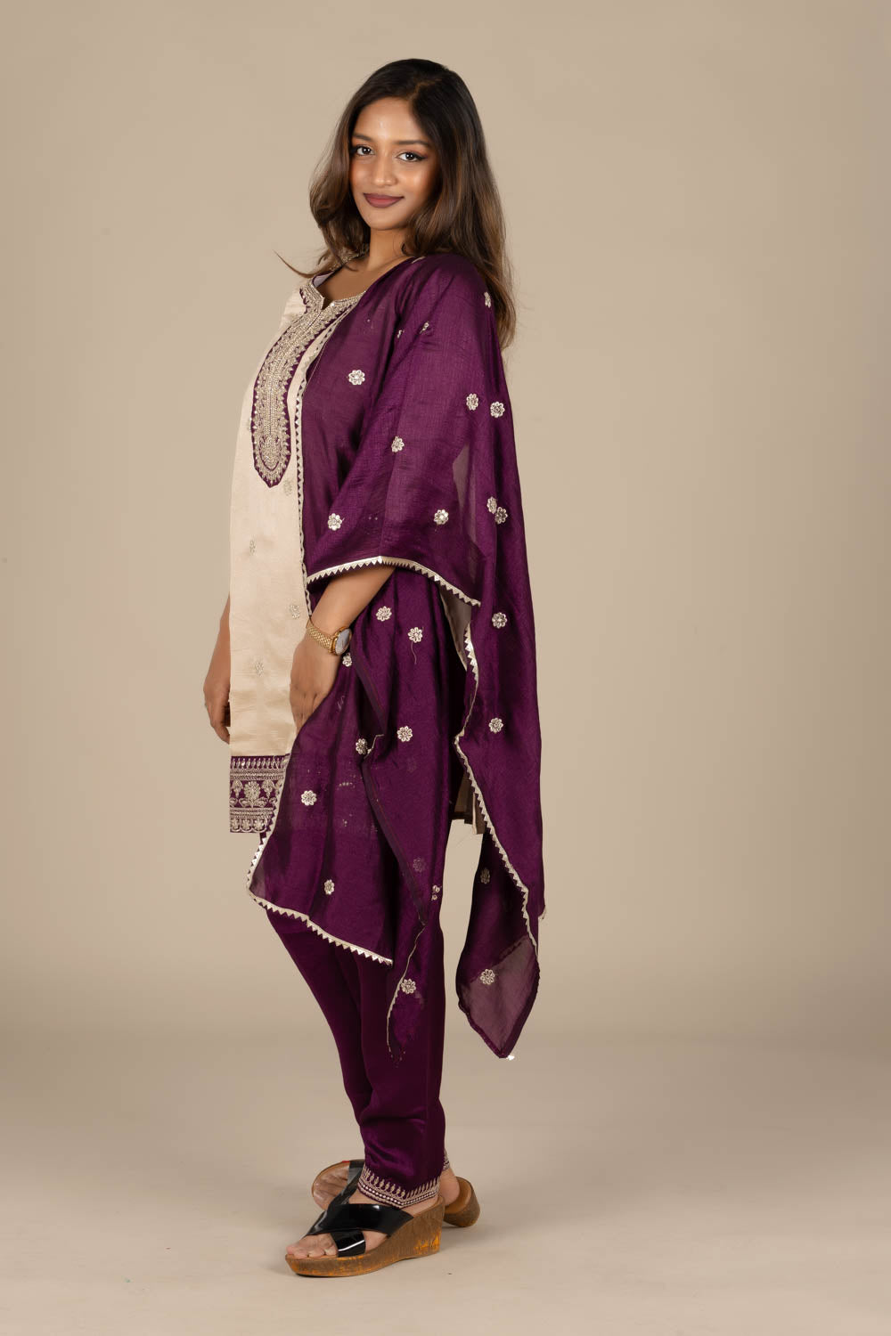 Off-White Designer Silk Suit with Magenta Dupatta and Pant