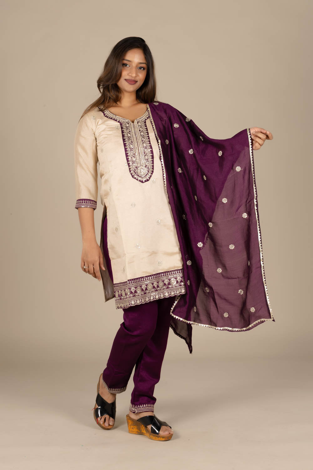 Off-White Designer Silk Suit with Magenta Dupatta and Pant