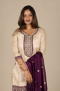 Off-White Designer Silk Suit with Magenta Dupatta and Pant