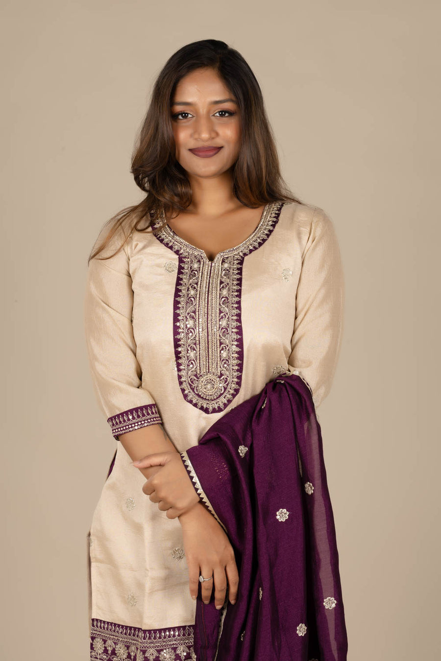 Off-White Designer Silk Suit with Magenta Dupatta and Pant