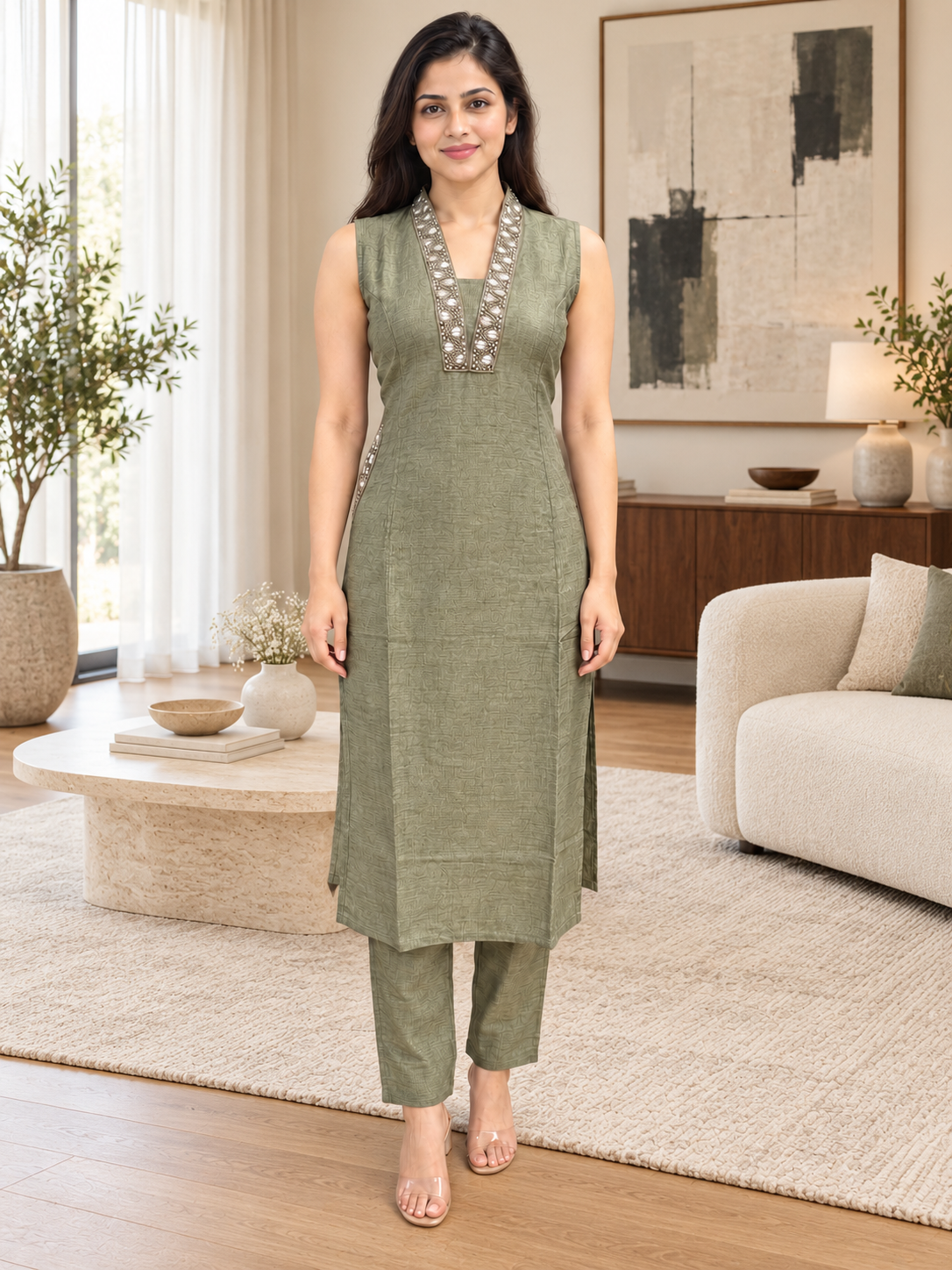 Sage Green Stand-Collar Neck Co-ord Set