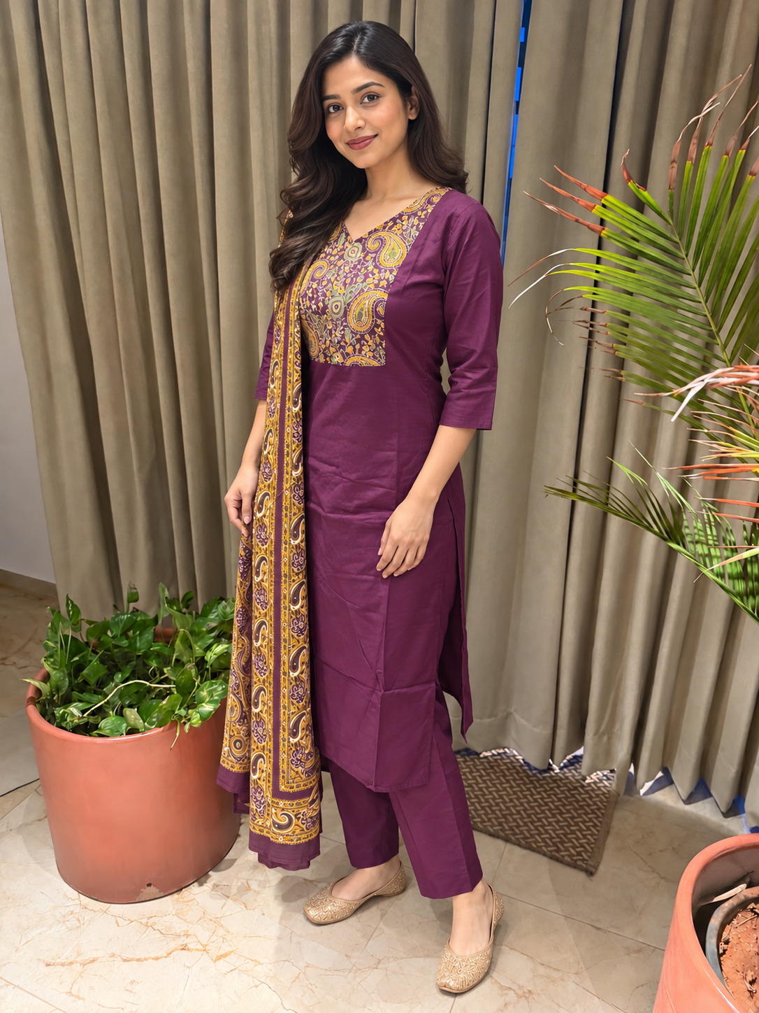Magenta Straight Printed Neck and Dupatta Set