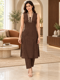 Brown Stand-Collar Neck Co-ord Set