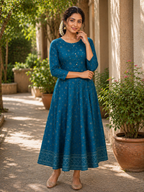 Bindoo Kali Cotton Kurti - Deep Teal