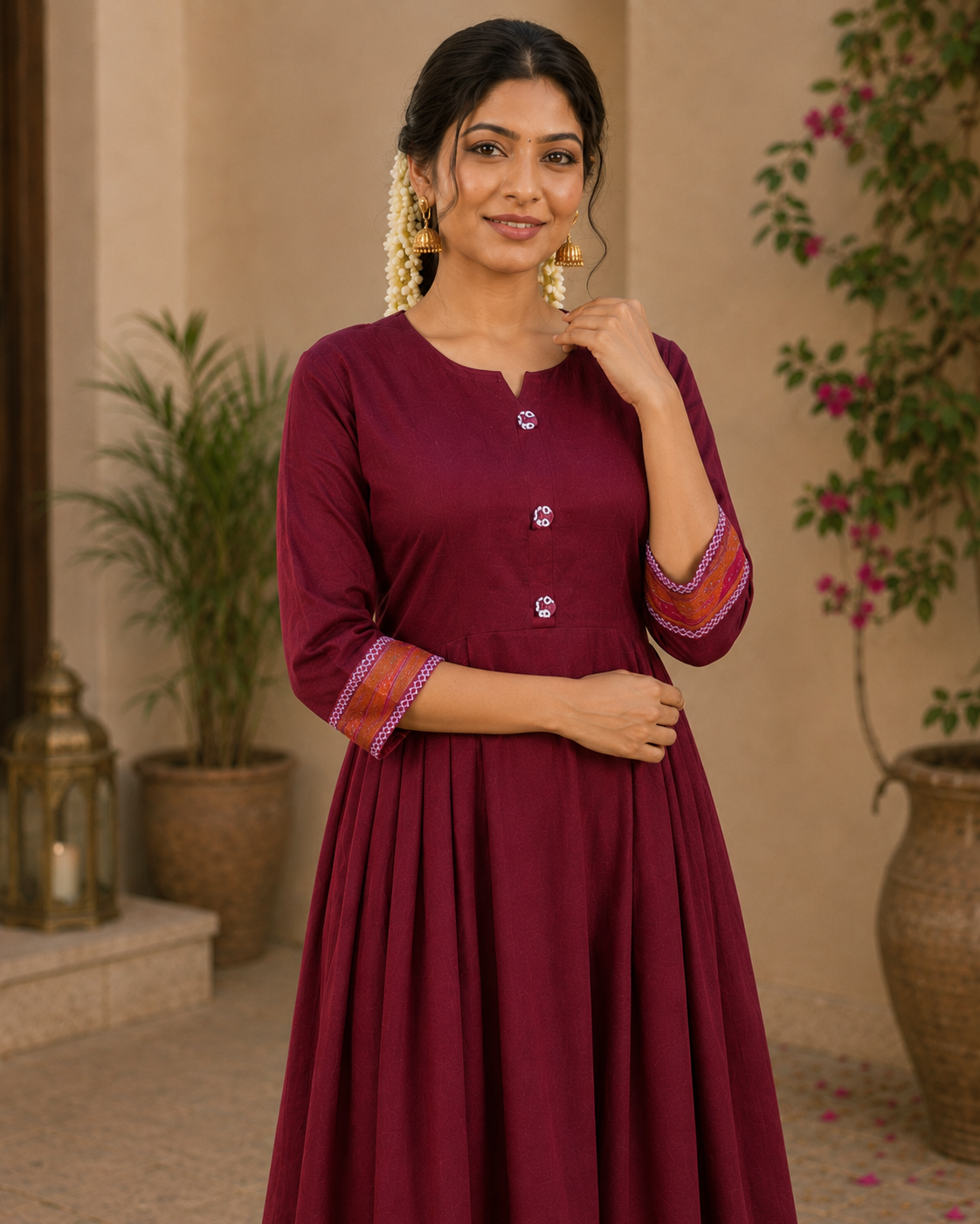 Flared Cotton Kurti - Maroon