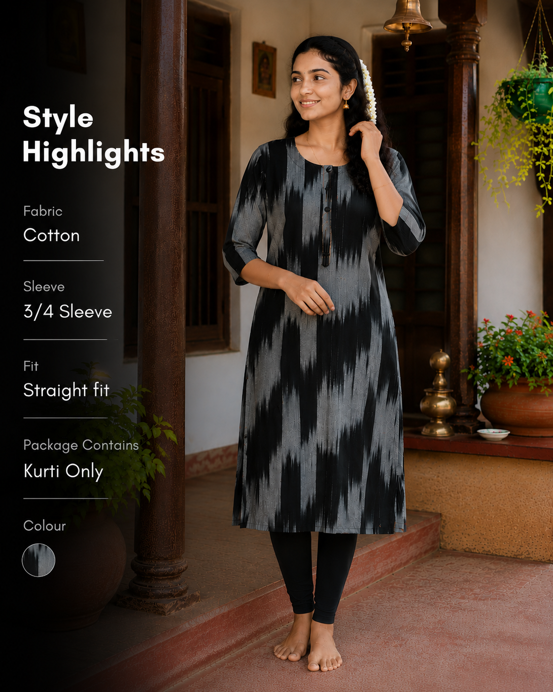 Black Ikat Straight Kurti