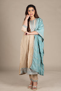 Beige Silk Designer Salwar Suit with Powder Blue Dupatta