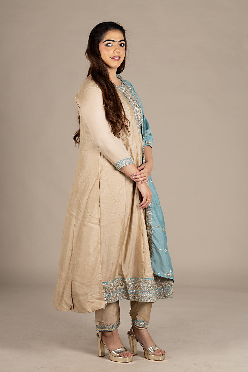 Beige Silk Designer Salwar Suit with Powder Blue Dupatta