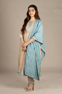 Beige Silk Designer Salwar Suit with Powder Blue Dupatta