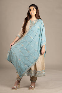 Beige Silk Designer Salwar Suit with Powder Blue Dupatta
