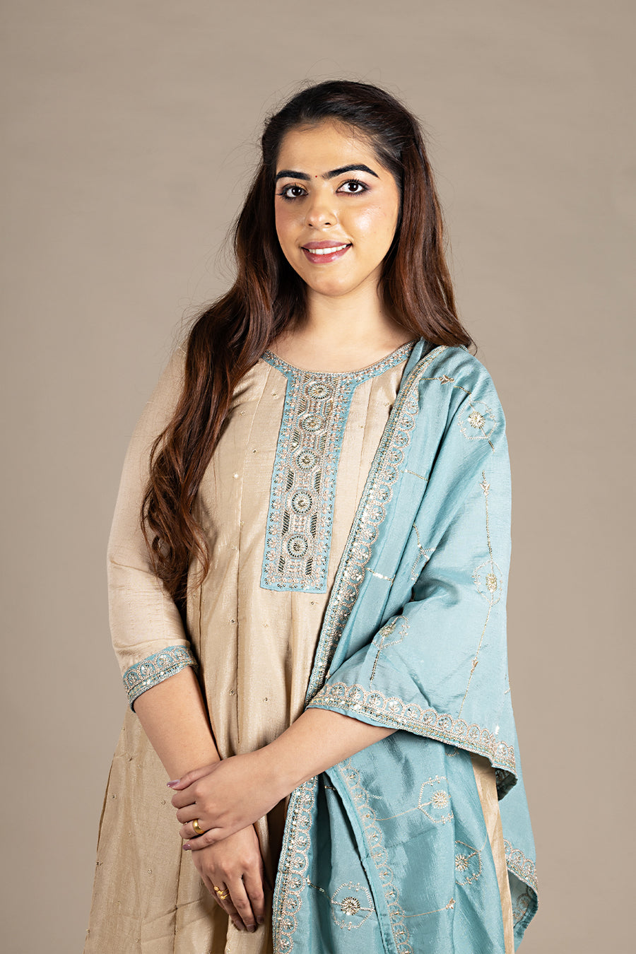 Beige Silk Designer Salwar Suit with Powder Blue Dupatta